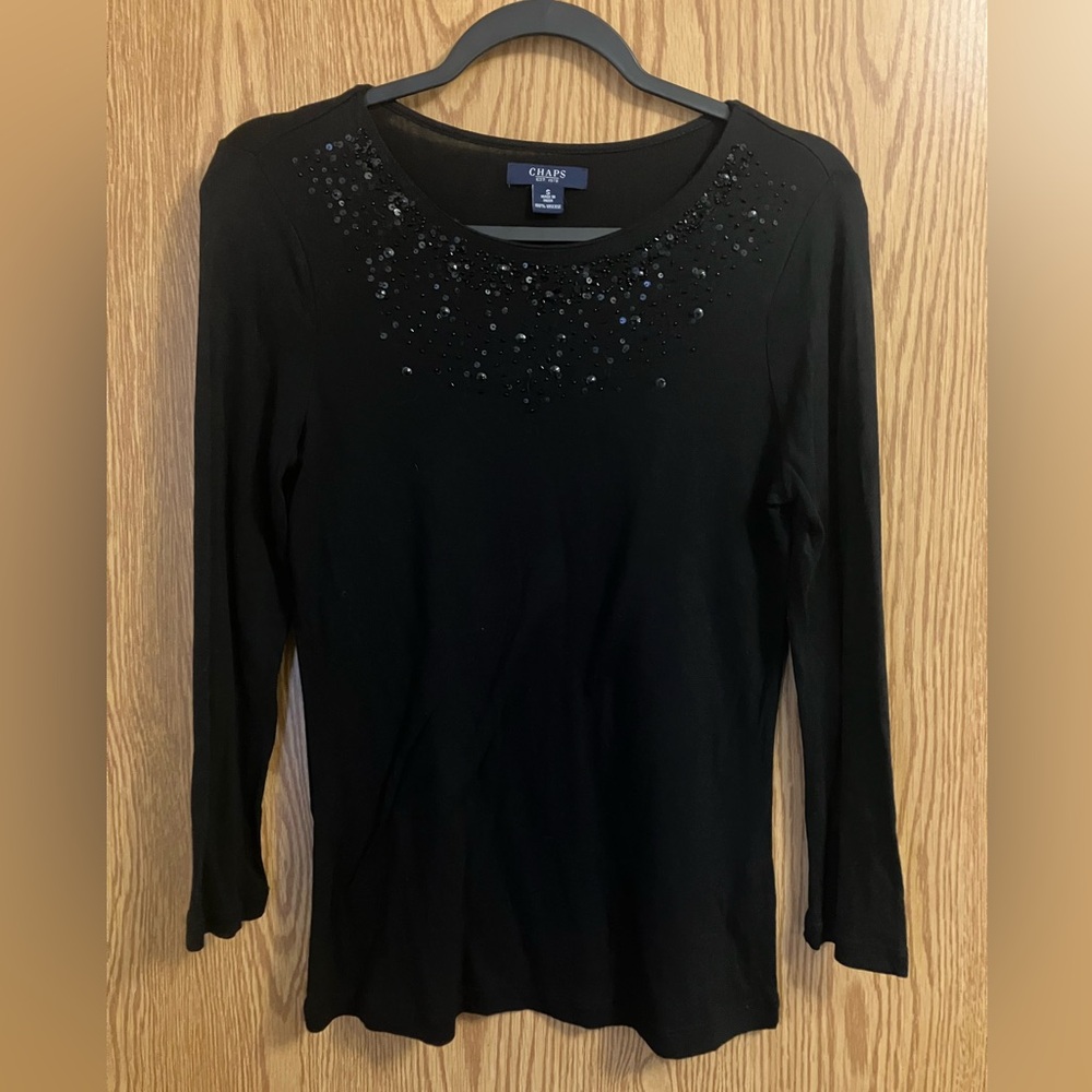 Chaps Black Long Sleeve Top with Embellishments Long Sleeve size Small‎